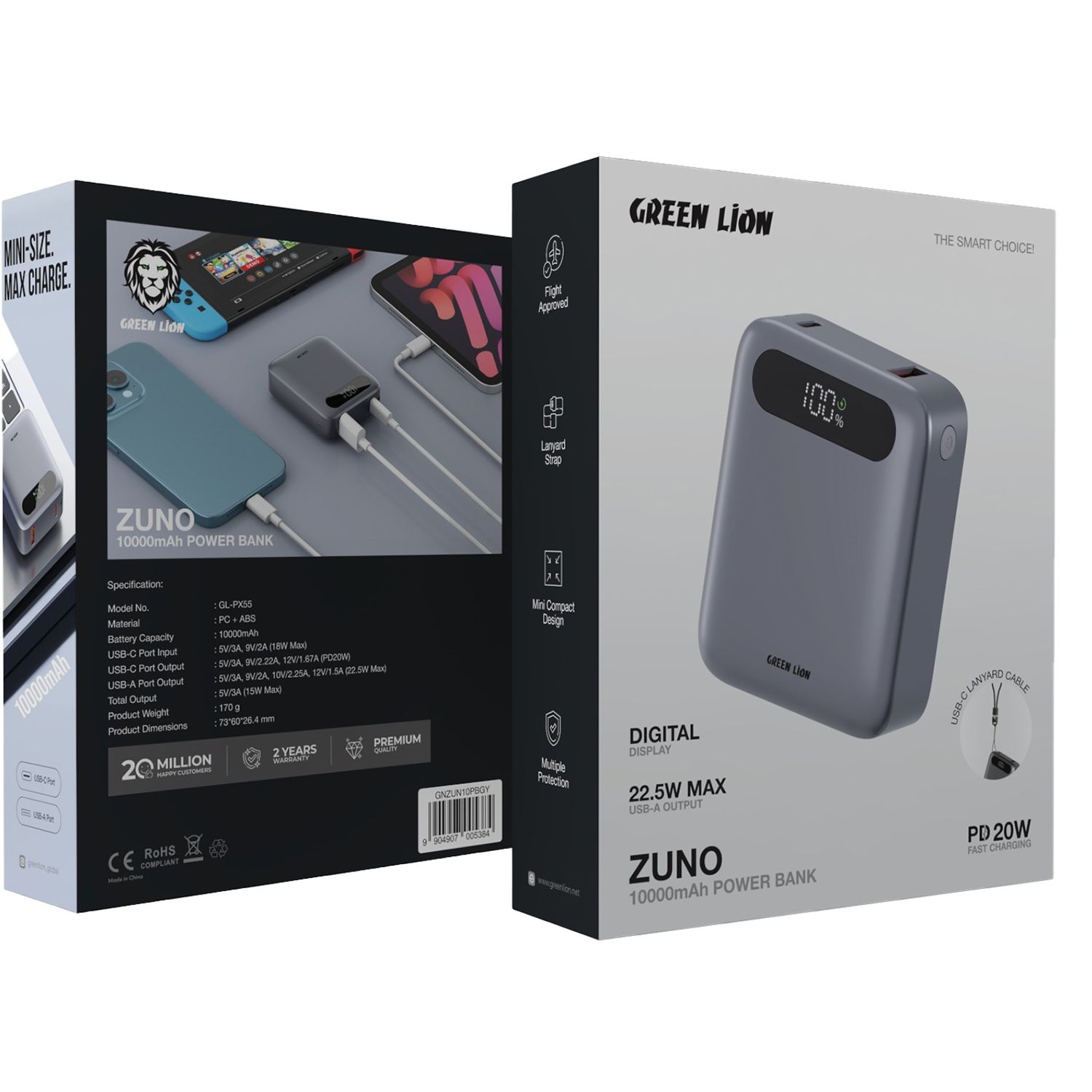 Green Lion  Zuno Power Bank 10000mAh PD  20W - Gray