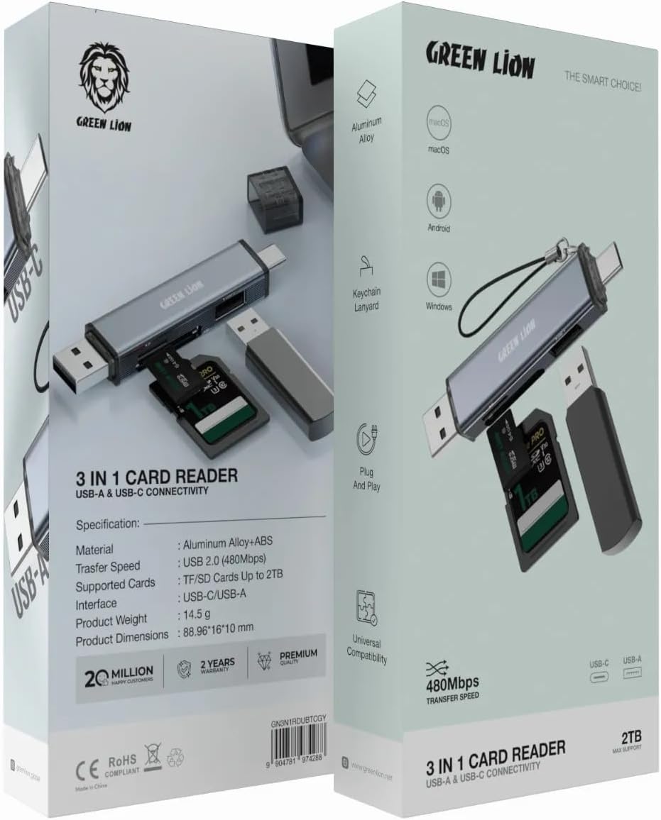 Green Lion 3  in1 Card Reader - USB-A &amp; USB-C  Connectivity- Gray