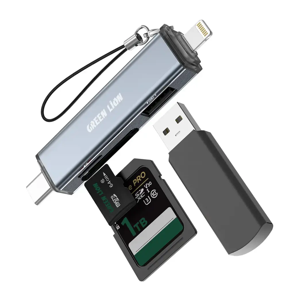 Green Lion 3  in1 Card Reader - USB-C &amp;  Lightning Connectivity- Gray