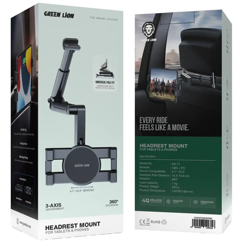 Green Lion  Headrest Mount Tablet and  Phone Holder - Black