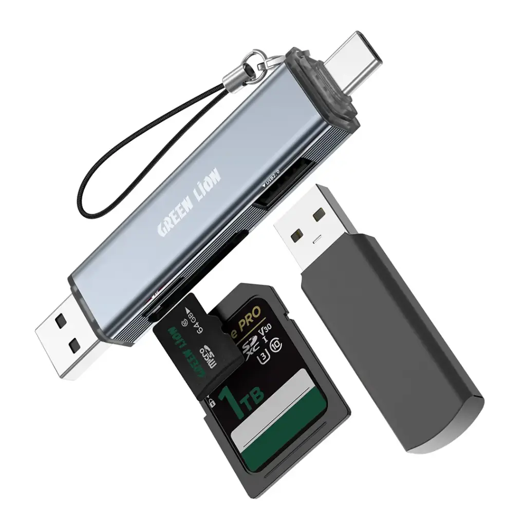 Green Lion 3  in1 Card Reader - USB-A &amp; USB-C  Connectivity- Gray